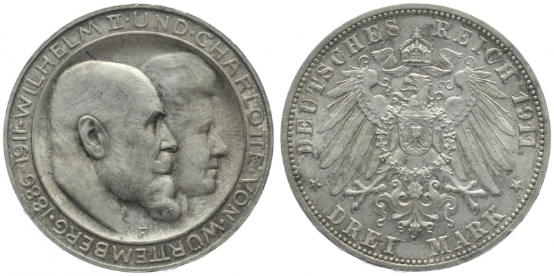 Württemberg 3 Mark 1911 F - Wilhelm & Charlotte